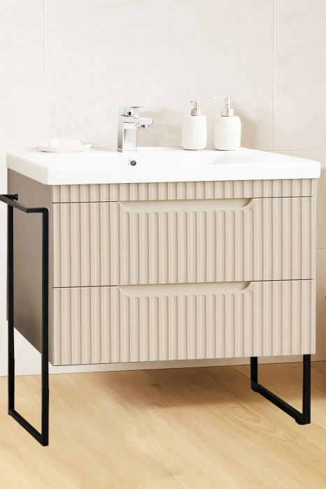 Set Baza front MDF si Lavoar seria 733, cadru metalic, sertare, montata, 80 cm, crem