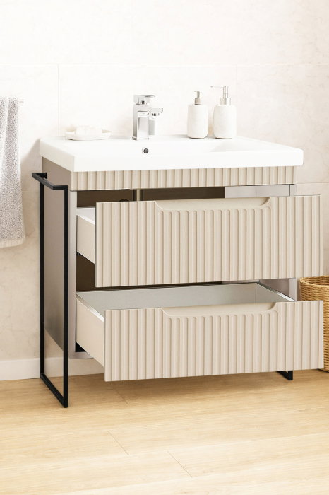 Set Baza front MDF si Lavoar seria 733, cadru metalic, cu sertare, montata, 80 cm, crem [2]