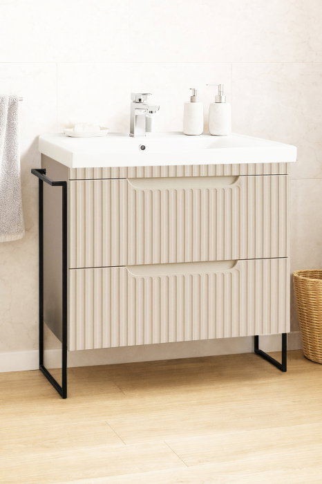 Set Baza front MDF si Lavoar seria 733, cadru metalic, cu sertare, montata, 80 cm, crem