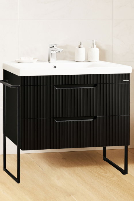 Set Baza front MDF si Lavoar seria 733, cadru metalic, sertare, montata, 80 cm, negru