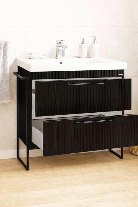 Set Baza front MDF si Lavoar seria 733, cadru metalic, cu sertare, montata, 80 cm, negru [2]