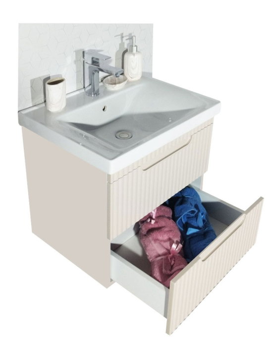 Set Baza front MDF si Lavoar seria 733, suspendata, cu sertare, montat, 60 cm, crem [4]