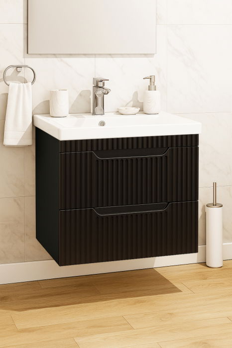Set Baza front MDF si Lavoar seria 733, suspendata cu sertare, 60 cm, negru