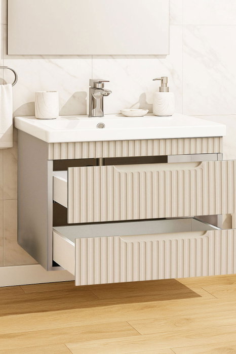 Set Baza front MDF si Lavoar seria 733, suspendata, cu sertare, montata, 80 cm, crem [2]
