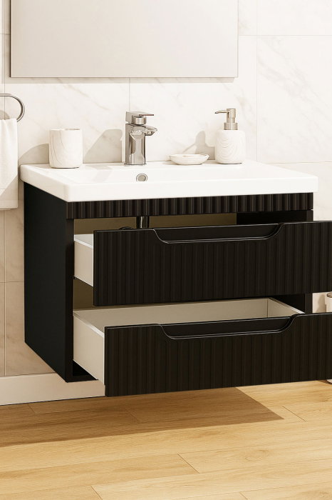 Set Baza front MDF si Lavoar seria 733, suspendata, cu sertare, montat, 80 cm, negru [2]