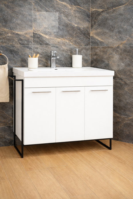 Set Baza front MDF si Lavoar seria 754, cadru metalic, montata, 100 cm, alb