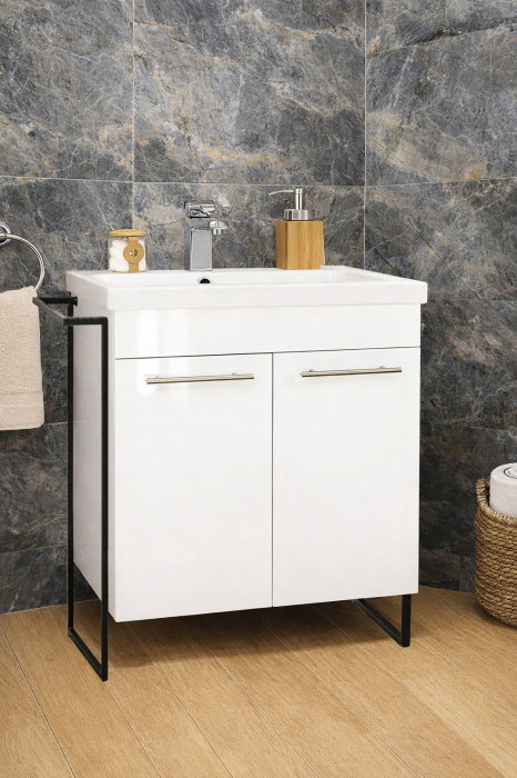 Set Baza front MDF si Lavoar seria 754, cadru metalic, montata, 65 cm, alb