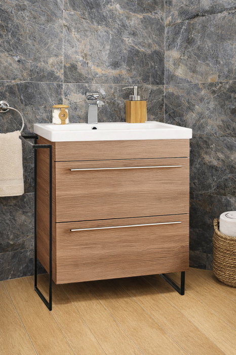 Set Baza front MDF si Lavoar seria 754, cadru metalic, sertare, montata, 60 cm, bambus