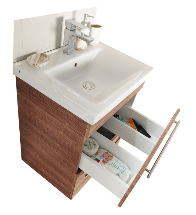 Set Baza front MDF si Lavoar seria 754, cadru metalic, sertare, montata, 60 cm, bambus [2]