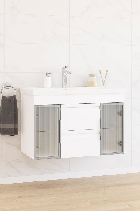 Set Baza front MDF si Lavoar seria 758, cu sertare, cadru metalic, montat, 100 cm, alb [2]