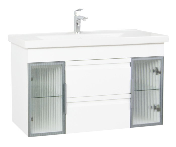 Set Baza front MDF si Lavoar seria 758, cu sertare, cadru metalic, montat, 100 cm, alb [3]