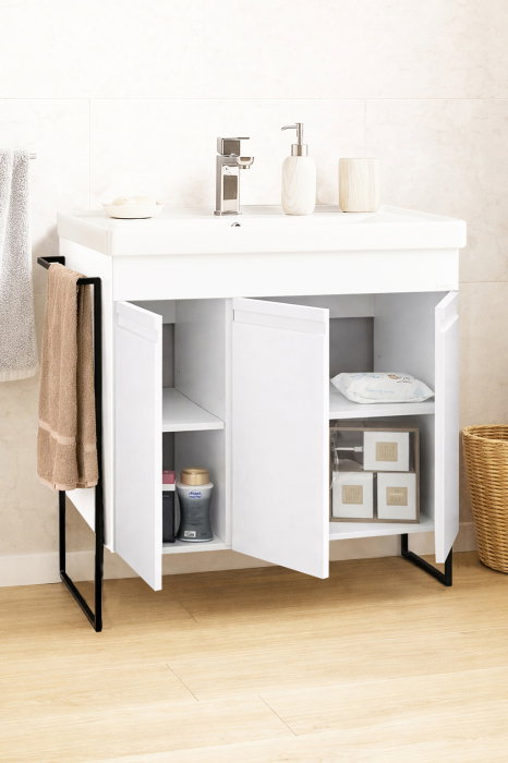 Set Baza front MDF si Lavoar seria 786, cadru metalic, montata, 80 cm, alb [2]