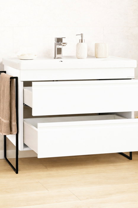 Set Baza front MDF si Lavoar seria 786, cadru metalic, cu sertare, montata, 100 cm, alb [2]