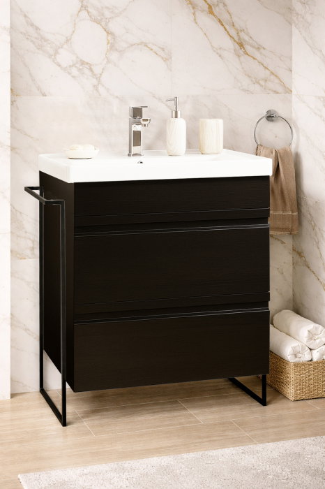 Set Baza front MDF si Lavoar seria 786, cadru metalic, cu sertare, montata, 60 cm, negru