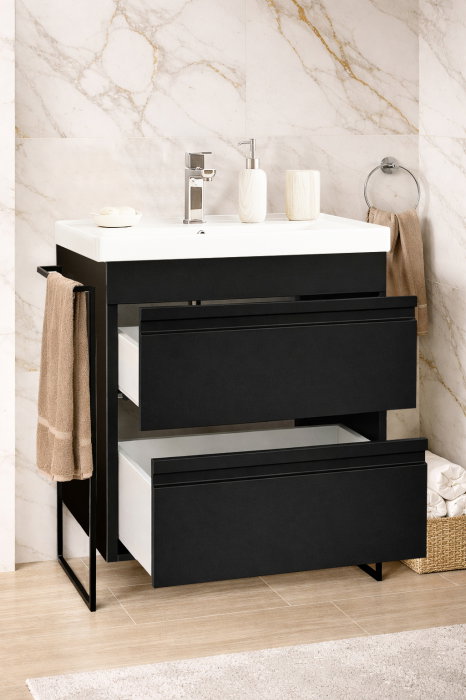 Set Baza front MDF si Lavoar seria 786, cadru metalic, cu sertare, montata, 60 cm, negru [2]