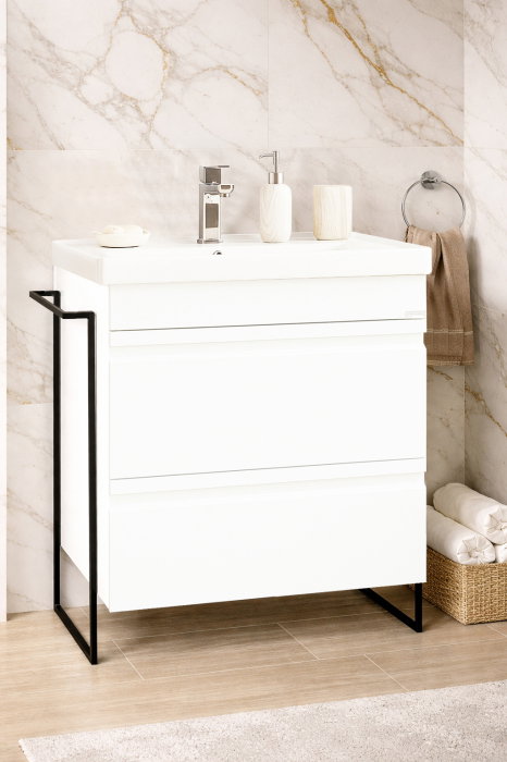 Set Baza front MDF si Lavoar seria 786, cadru metalic, cu sertare, montata, 65 cm, alb