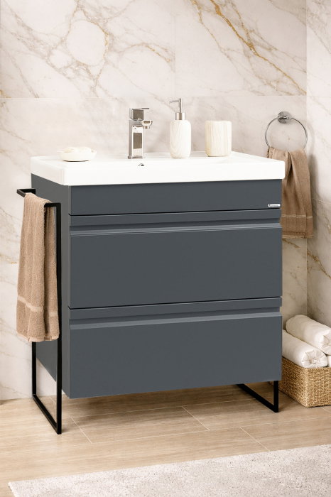 Set Baza front MDF si Lavoar seria 786, cadru metalic, cu sertare, montata, 70 cm, antracit