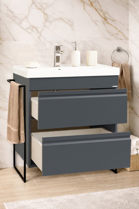Set Baza front MDF si Lavoar seria 786, cadru metalic, cu sertare, montata, 70 cm, antracit [2]