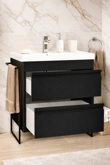 Set Baza front MDF si Lavoar seria 786, cadru metalic, cu sertare, montata, 70 cm, negru [2]