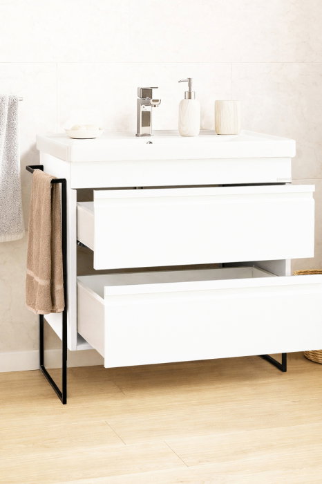 Set Baza front MDF si Lavoar seria 786, cadru metalic, cu sertare, montata, 80 cm, alb [2]