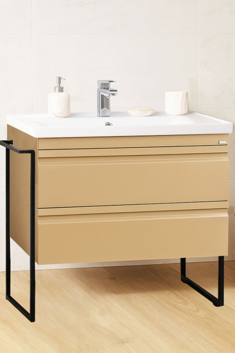 Set Baza front MDF si Lavoar seria 786, cadru metalic, cu sertare, montata, 80 cm, cappuccino