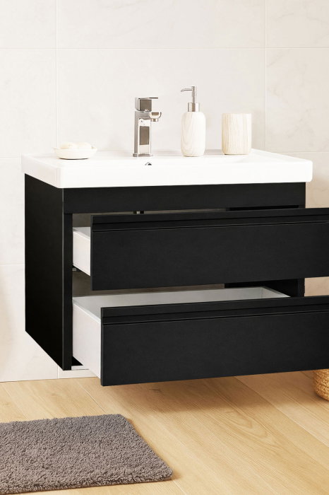 Set Baza front MDF si Lavoar seria 786, suspendata, cu sertare, montat, 70 cm, negru [2]