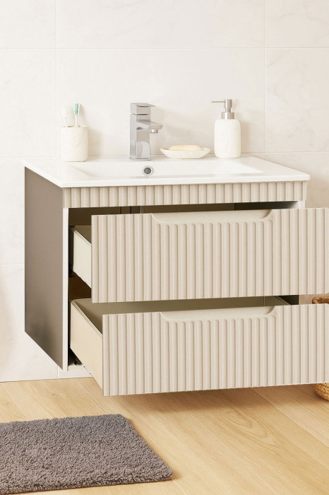 Set Baza front MDF si Lavoar seria 033, suspendata, cu sertare, montat, 70 cm, crem [2]