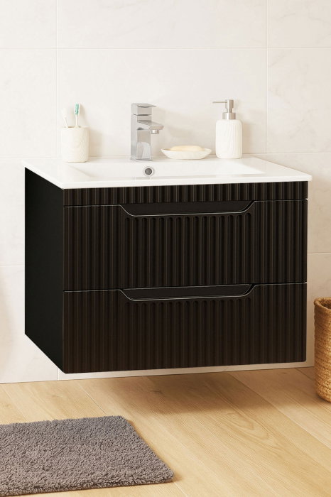 Set Baza front MDF si Lavoar seria 033, suspendata, cu sertare, montat, 70 cm, negru