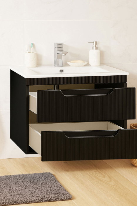 Set Baza front MDF si Lavoar seria 033, suspendata, cu sertare, montat, 70 cm, negru [2]