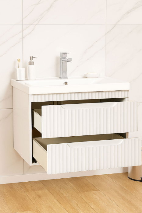 Set Baza front MDF si Lavoar seria 733, suspendata, cu sertare, montat, 70 cm, alb rustic [2]