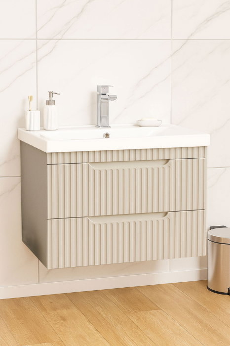 Set Baza front MDF si Lavoar seria 733, suspendata, cu sertare, montat, 70 cm, crem