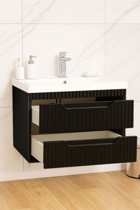 Set Baza front MDF si Lavoar seria 733, suspendata, cu sertare, montat, 70 cm, negru [2]