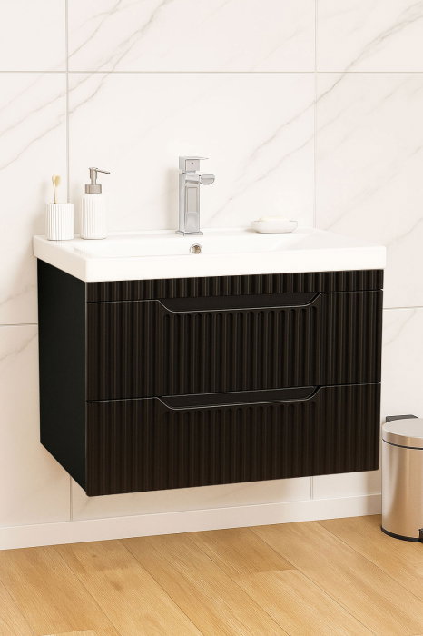 Set Baza front MDF si Lavoar seria 733, suspendata, cu sertare, montat, 70 cm, negru