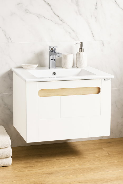 Set Baza front MDF si Lavoar seria 032, cu sertar, cadru metalic, montat, 60 cm, alb + sonoma [2]