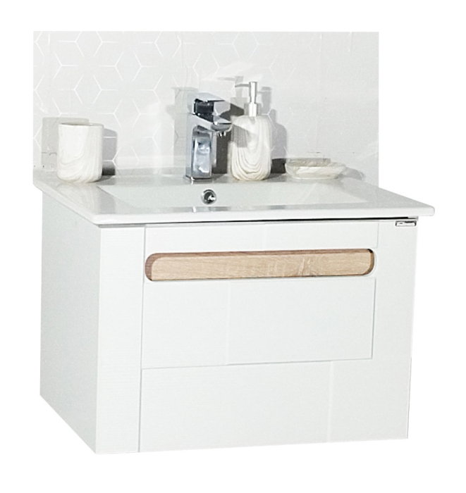 Set Baza front MDF si Lavoar seria 032, suspendata, cu sertar, montat, 60 cm, alb + sonoma [2]