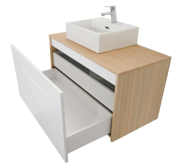 Set Baza front MDF si Lavoar seria 401, cu sertare, cadru metalic, montat, 90 cm, fag [4]