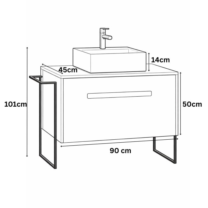 Set Baza front MDF si Lavoar seria 401, cu sertare, cadru metalic, montat, 90 cm, fag [6]