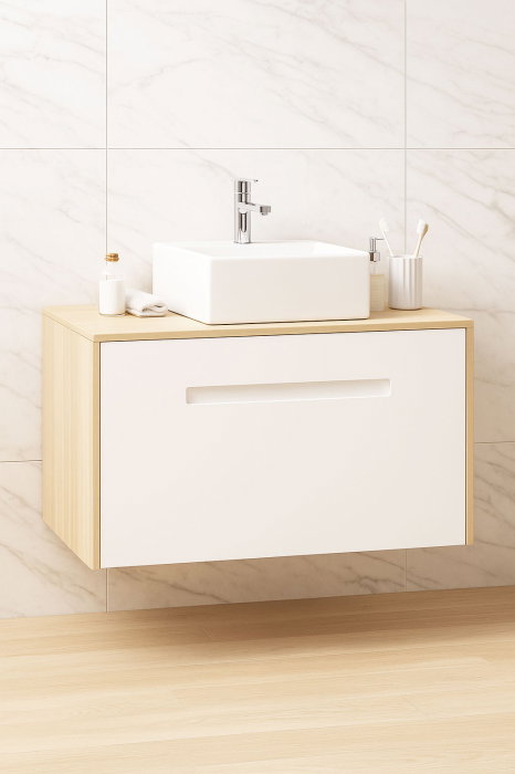 Set Baza front MDF si Lavoar seria 401, cu sertare, cadru metalic, montat, 90 cm, fag [2]
