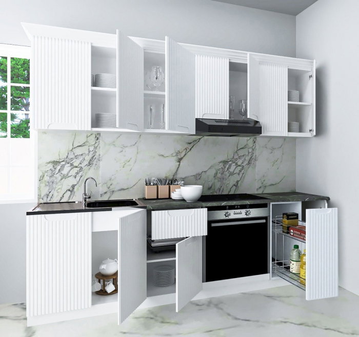 Set bucatarie SPACE 240 cm, 9 corpuri, corp cuptor, corp Jolly, blat termorezistent, fronturi MDF, alb rustic [2]