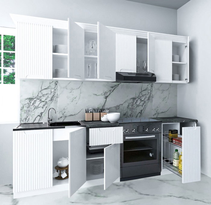 Set bucatarie SPACE 240 cm, 8 corpuri, corp Jolly, blat termorezistent, fronturi MDF, alb rustic [2]