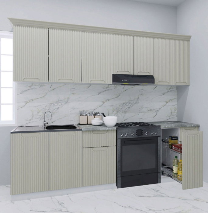 Set bucatarie SPACE 240 cm, 8 corpuri, corp Jolly, blat termorezistent, fronturi MDF, crem