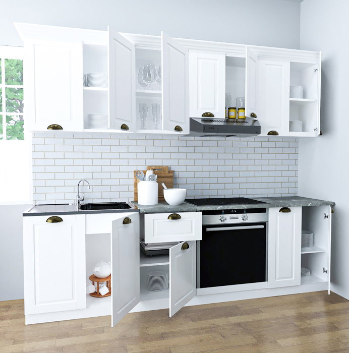 Set bucatarie SQUARE 240 cm, 8 corpuri, corp cuptor, blat termorezistent, fronturi MDF, alb rustic [2]