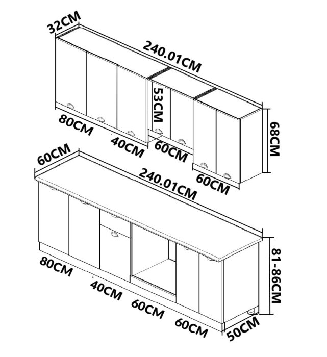 Set bucatarie SQUARE 240 cm, 8 corpuri, corp cuptor, blat termorezistent, fronturi MDF, alb rustic [5]