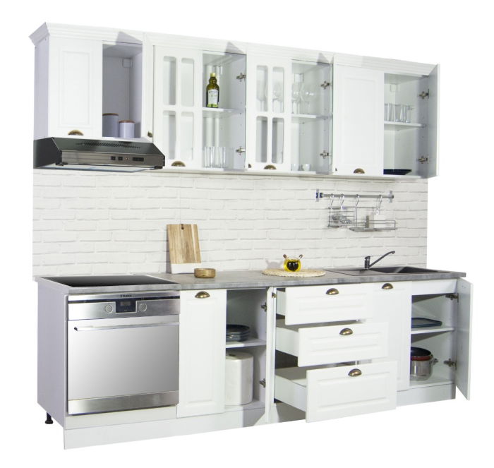 Set bucatarie SQUARE 260 cm, 8 corpuri, corp cuptor, blat termorezistent, fronturi MDF, alb rustic [4]