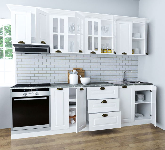 Set bucatarie SQUARE 260 cm, 8 corpuri, corp cuptor, blat termorezistent, fronturi MDF, alb rustic [2]