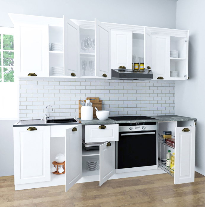 Set bucatarie SQUARE 240 cm, 9 corpuri, corp Jolly, blat termorezistent, fronturi MDF, alb rustic [2]