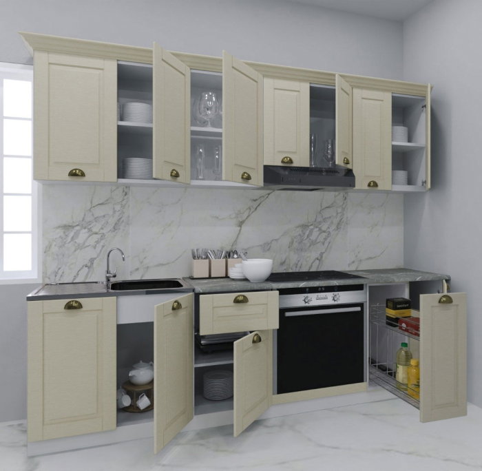 Set bucatarie SQUARE 240 cm, 9 corpuri, corp Jolly, blat termorezistent, fronturi MDF, fag [2]
