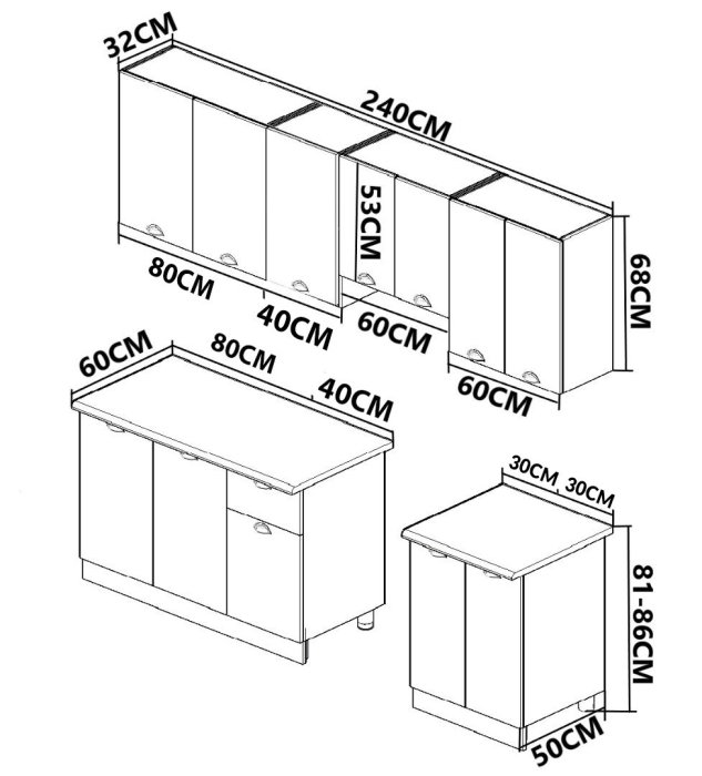 Set bucatarie SQUARE 240 cm, 8 corpuri, corp Jolly, blat termorezistent, fronturi MDF, antracit [3]
