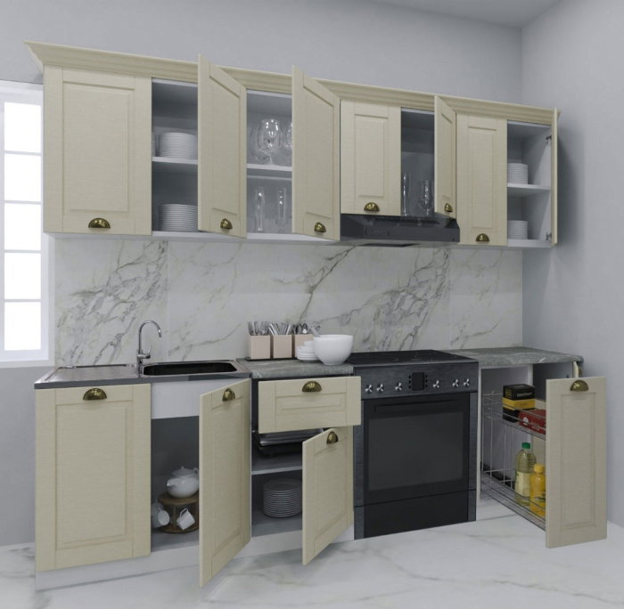 Set bucatarie SQUARE 240 cm, 8 corpuri, corp Jolly, blat termorezistent, fronturi MDF, fag [2]