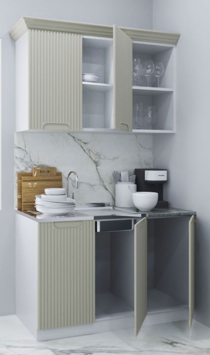 Set bucatarie SPACE 120 cm, 2 corpuri, blat termorezistent, fronturi MDF, crem [2]